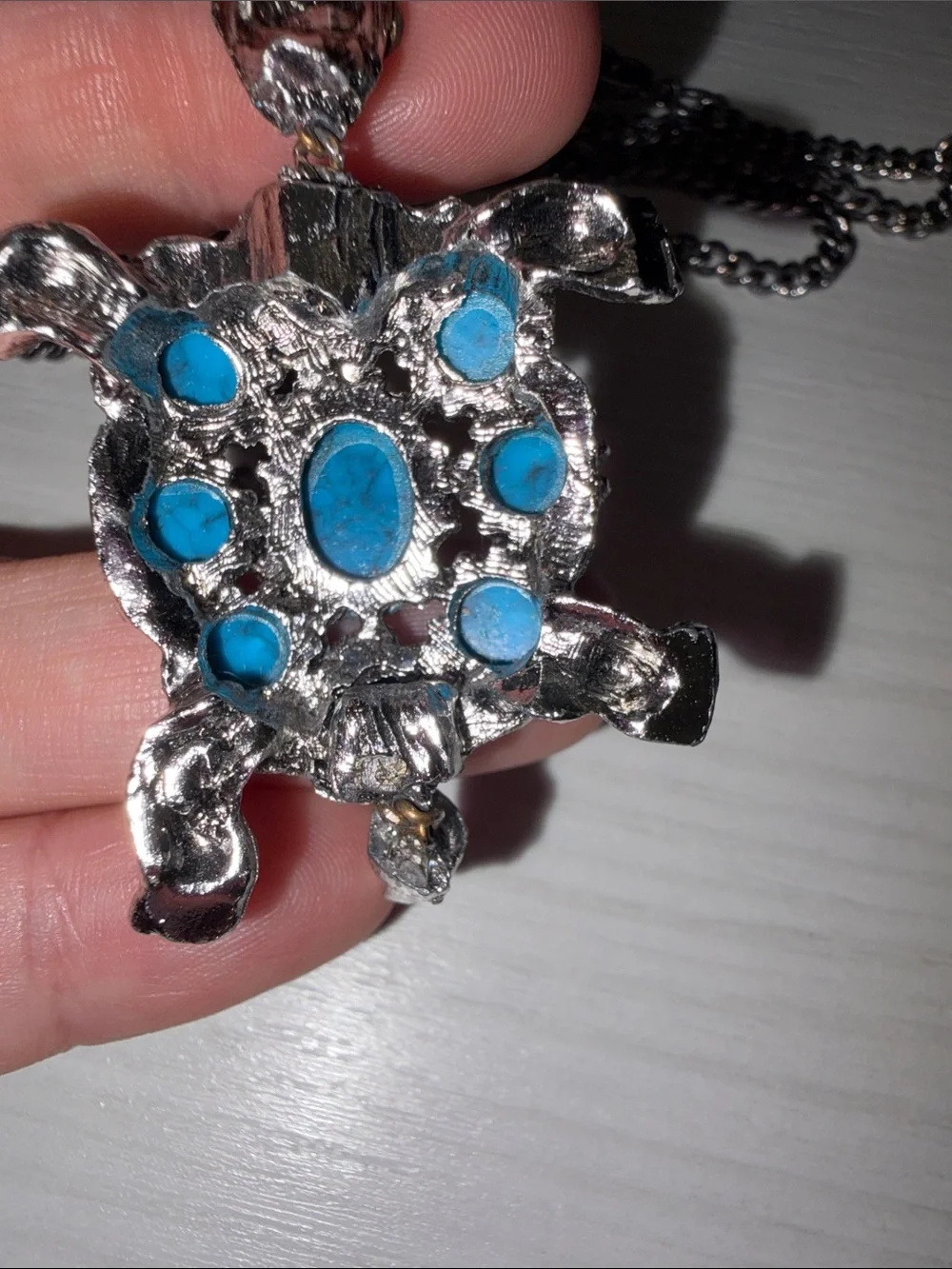 Turquoise Turtle Pendant Necklace - Blue Gem Accent